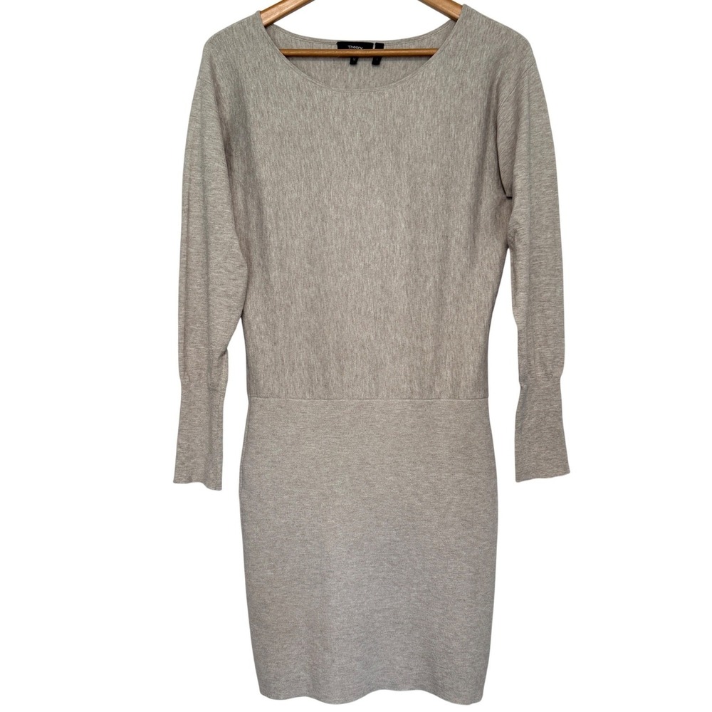 Theory Boatneck Sweater Dress Womens Size M Tan Knit Long Sleeve Blouson - Picture 2 of 10